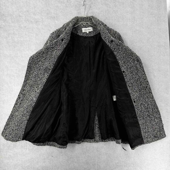 CALVIN KLEIN PeaCoat Women 12 Herringbone Jacket Black Wool Double Breasted - Picture 3 of 10